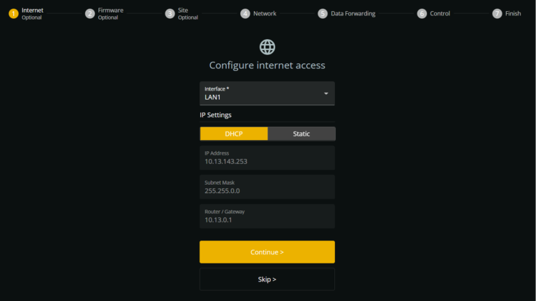 eConf screenshot Internet connection via LAN or SIM card.