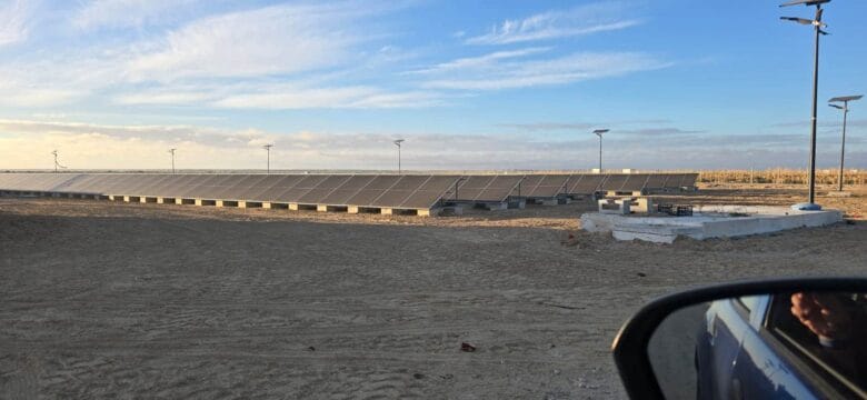 Rows of solar power panels at a Moroccan utility scale plant.